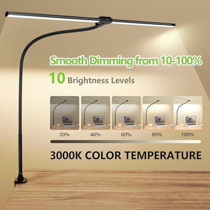 ShineTech LED Desk Lamp for Home Office, 3000K Warm White Double Head Architect Task Lamps with Clamp, Dimmable Adjustable Flexible Gooseneck, Black