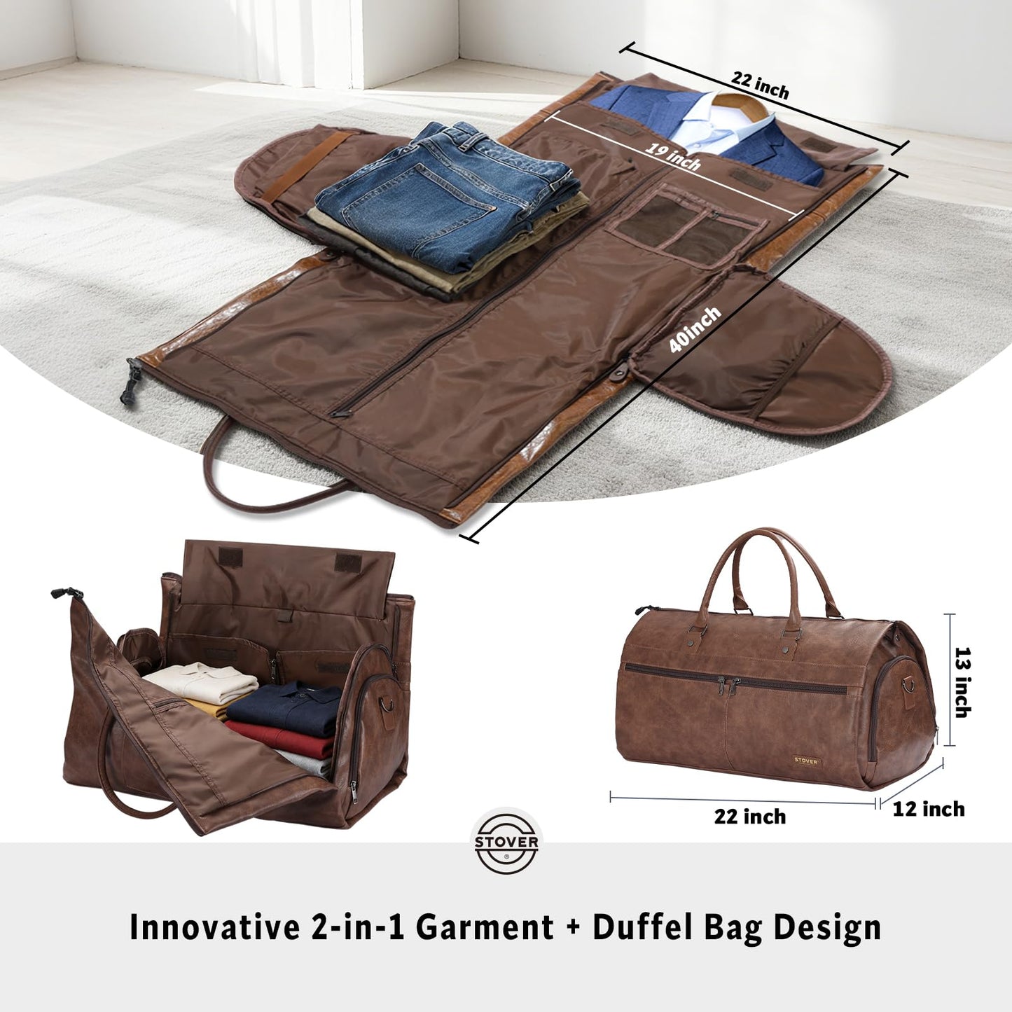 STOVER Garment Travel Duffle Bag, Large 2-in-1 Convertible Carry-on Luggage for Men & Women- Hanging Suits, Dresses & Clothes + Shoe Compartment- Weekender Tote Combo Duffel (Brown Leatherette)