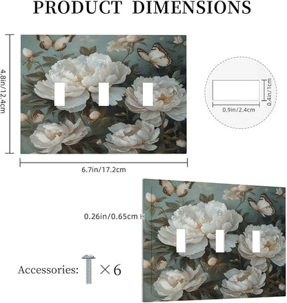 Decorative Art Light Switch Covers Butterflies & Peonies 3 Gang Triple Toggle Wall Plate Decorative Switch plate Electrical Faceplate for Home Decor