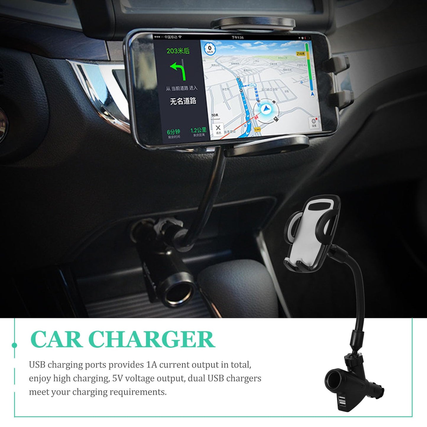 Veemoon Portable Electronic Device Mount for 3-6.5 inch Phones, Dual USB Car Charger Lighter Phone Holder