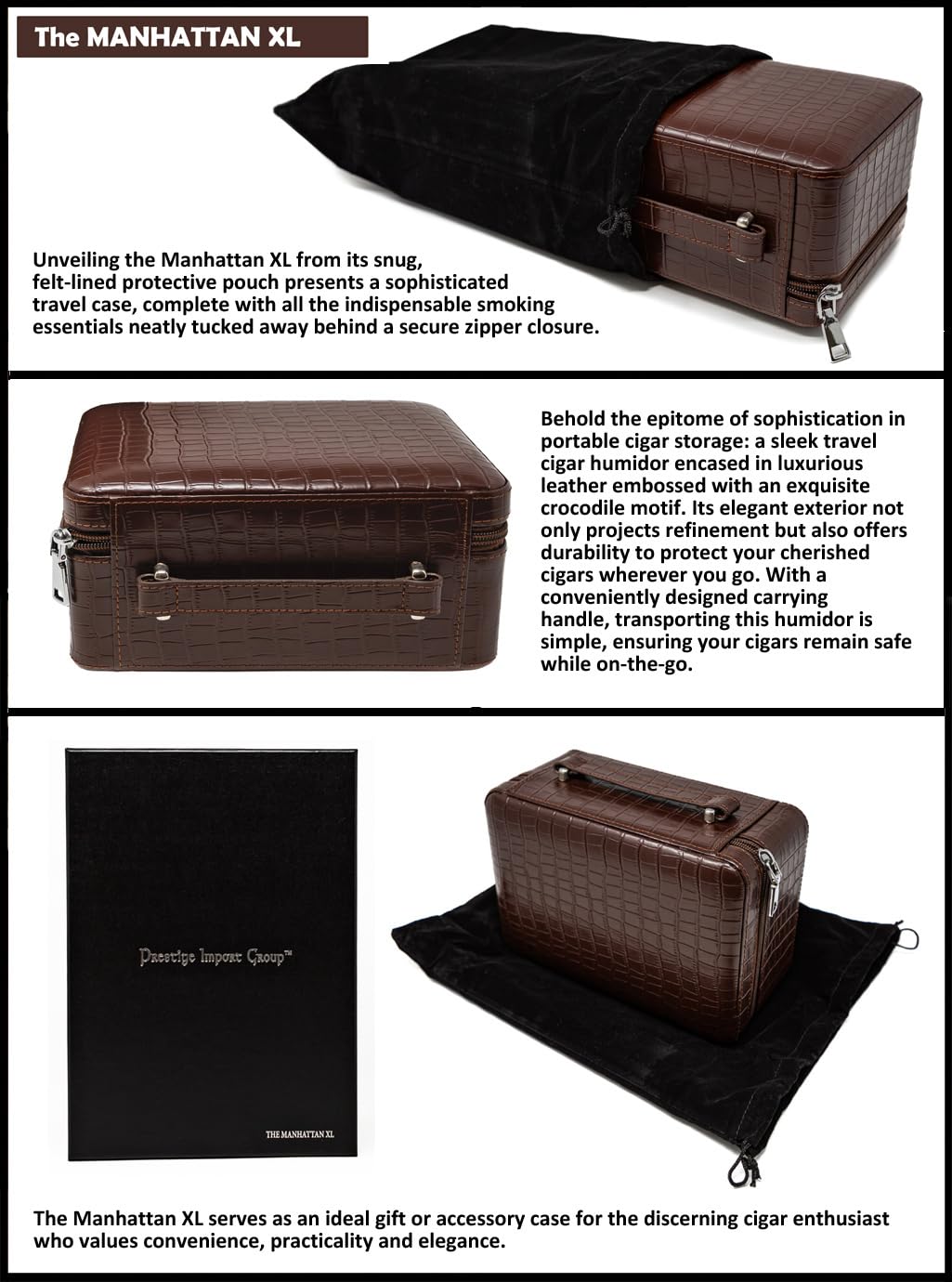 Prestige Import Group Manhattan XL Travel Cigar Humidor Case Set (Hygrometer, Ashtray, Cutter, Lighter, Humidifier) - Brown