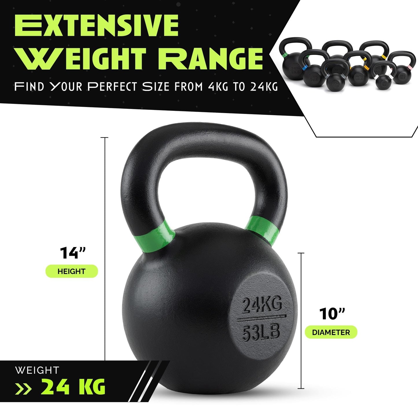 Rage Fitness Single Cast Iron Kettlebell | Powder Coated - Wide Handle Weights for Core & Glute Workouts; Swings, Squats, Deadlifts; Strength, Endurance & Flexibility for Men & Women