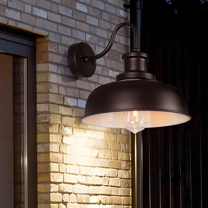 Solar Barn Light for Outside, Gooseneck Outdoor Wall Lights Solar Powered, Farmhouse Exterior Wall Sconce, Industrial Outside Lighting Fixture, Rustic Lantern for Garage, Barn, Shed, RZSR007 OW