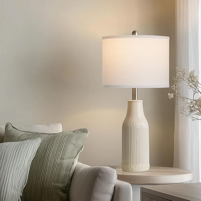 24.5" Modern Ceramic Table Lamp for Nightstand, Farmhouse Bedside Lamp for Bedroom, Small Table Lamps for Living Room End Table, Beige (1 Pack)