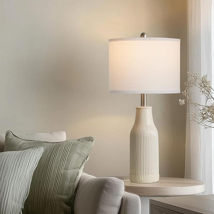 24.5" Modern Ceramic Table Lamp for Nightstand, Farmhouse Bedside Lamp for Bedroom, Small Table Lamps for Living Room End Table, Beige (1 Pack)
