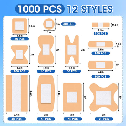 CXYARY 1000 Counts Assorted Bandages Bulk Variety Pack,12 Styles Flexible Heavy Duty Waterproof Bandages Individually Wrapped Used for Emergency Treatment and Skin Wound Care, Latex Free
