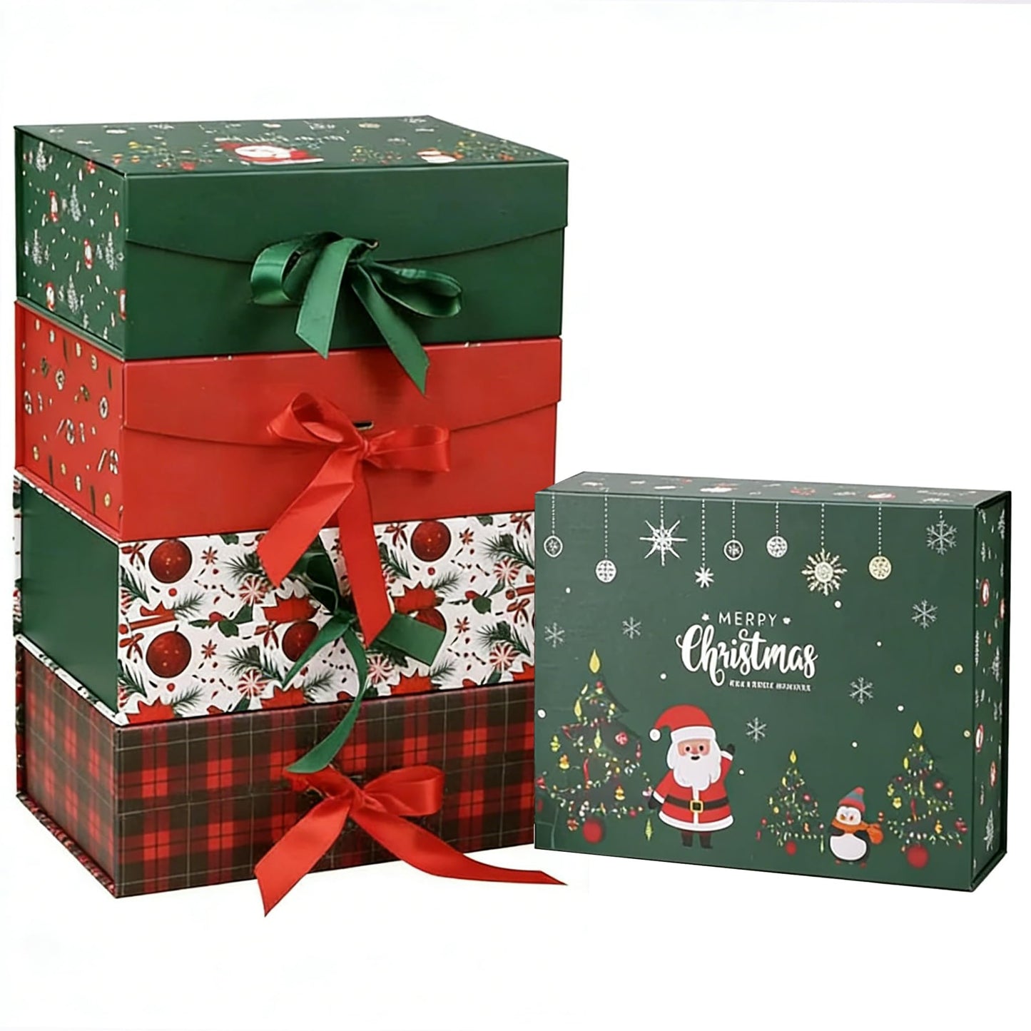 Dimore Christmas Magnetic Gift Boxes with Lids, Collapsible Hardboard Gift Packaging, Red & Green Holiday Boxes for Presents, 4 Pack (Multiple Sizes) (4Pack Christmas 9.5"*6.9"*4.2")