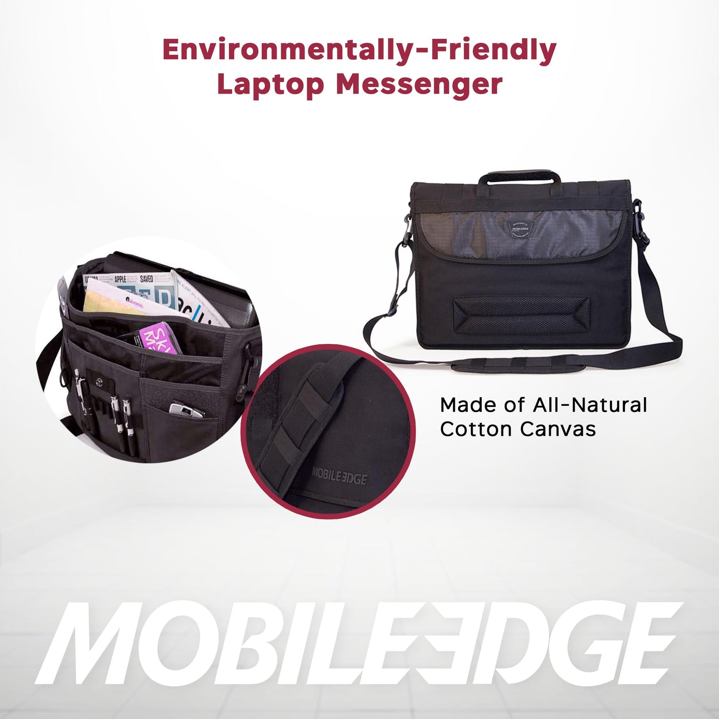 Mobile Edge ECO Laptop Messenger Bag for Men and Women, Fits Up To 17.3 Inch Laptops, Travel Work Computer Bag, Cotton Canvas, Padded Pockets, Black