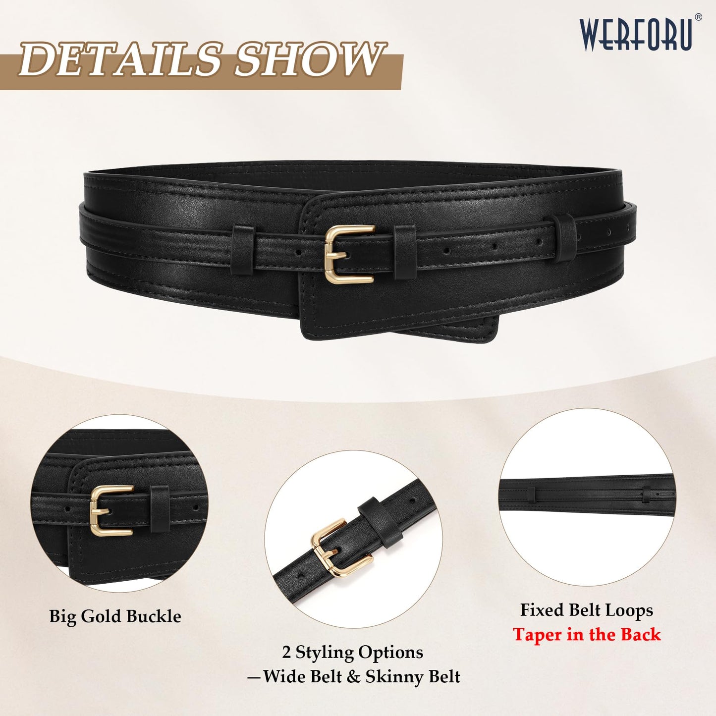WERFORU Women Wide Waist Belts for Dress Women Fashion Wide Leather Belt 2-in-1 Waistband with Thin Belts for Dress, A-Black-gold buckle, Fit Waist Size 33"-38"