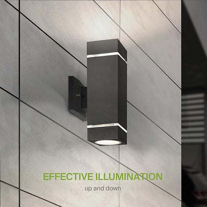 ASD 2 Light Square Outdoor Wall Light Fixture | 120W E26 Bulb Socket 120V ETL Cylinder Up Down Lights | LED/CFL/Incandescent Bulb Exterior Wall Sconce | Front Door, Porch Patio | Ringed Black