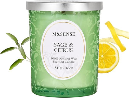 M&SENSE Sage Citrus Scented Candle, Cracking Wooden Wick Soy Wax, 18oz 100 Hours Long Lasting Clean Burn, Large Jar Candles for Home Decor, Non-Toxic Relaxing Fall Winter Aromatherapy Gifts for Women