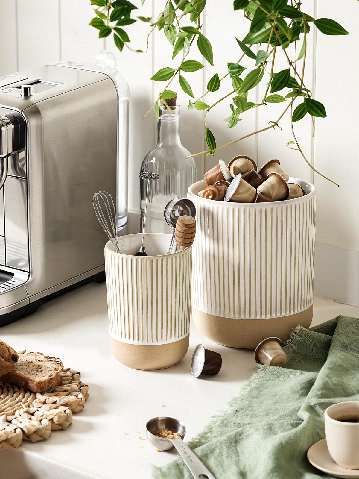 LE TAUCI Ceramic Kitchen Utensil Holder Set of 2 - 6.9"+5.3" Large Cooking Utensil Crock & Organizer for Spatula, Spoon, Whisk - Farmhouse Countertop Storage, Cream Beige, Line