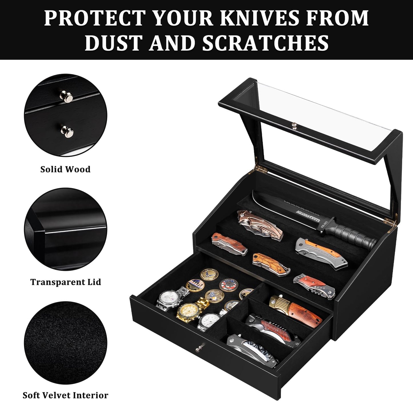 Emfogo Pocket Knife Display Case, Large Knife Collection Box for Folding Knives & EDC Gear, Solid Wood Knife Organizer with Transparent Lid & Drawer, Collector-Grade Gift for Men (Black)