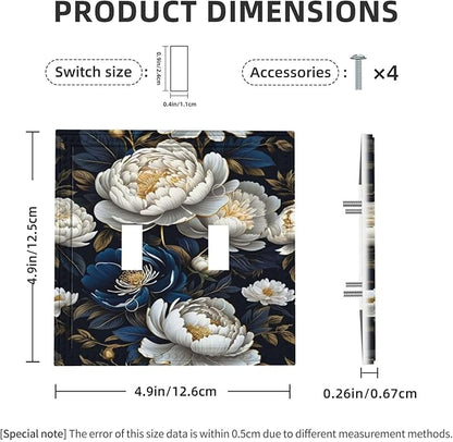 White Gold Blue Flower Light Switch Covers Double Toggle 2 Gang Wall Plate Dual Decorative Switchplate Electrical Faceplate for Farmhouse Living Room Decor