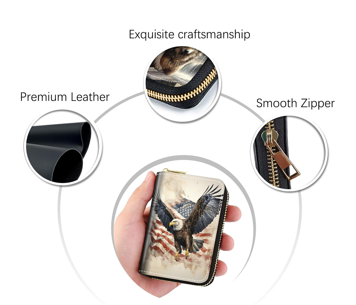 WEUIUJKILO Credit Card Holder Wallets for Women, Patriotic American Flag Bald Eagle Design RFID Blocking Small Leather Card Case Wallet with Zipper Accordion Wallets