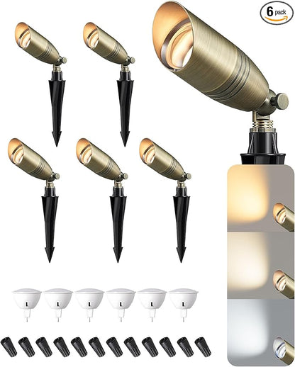 EDISHINE Solid Brass Landscape Spotlights Outdoor, 3CCT MR16 Bulb Included,Bronze Heavy Duty landscape lighting, 12V Low Voltage LED Landscape Lights, Outdoor Lighting for House Yard Lawn Tree, 6 Pack