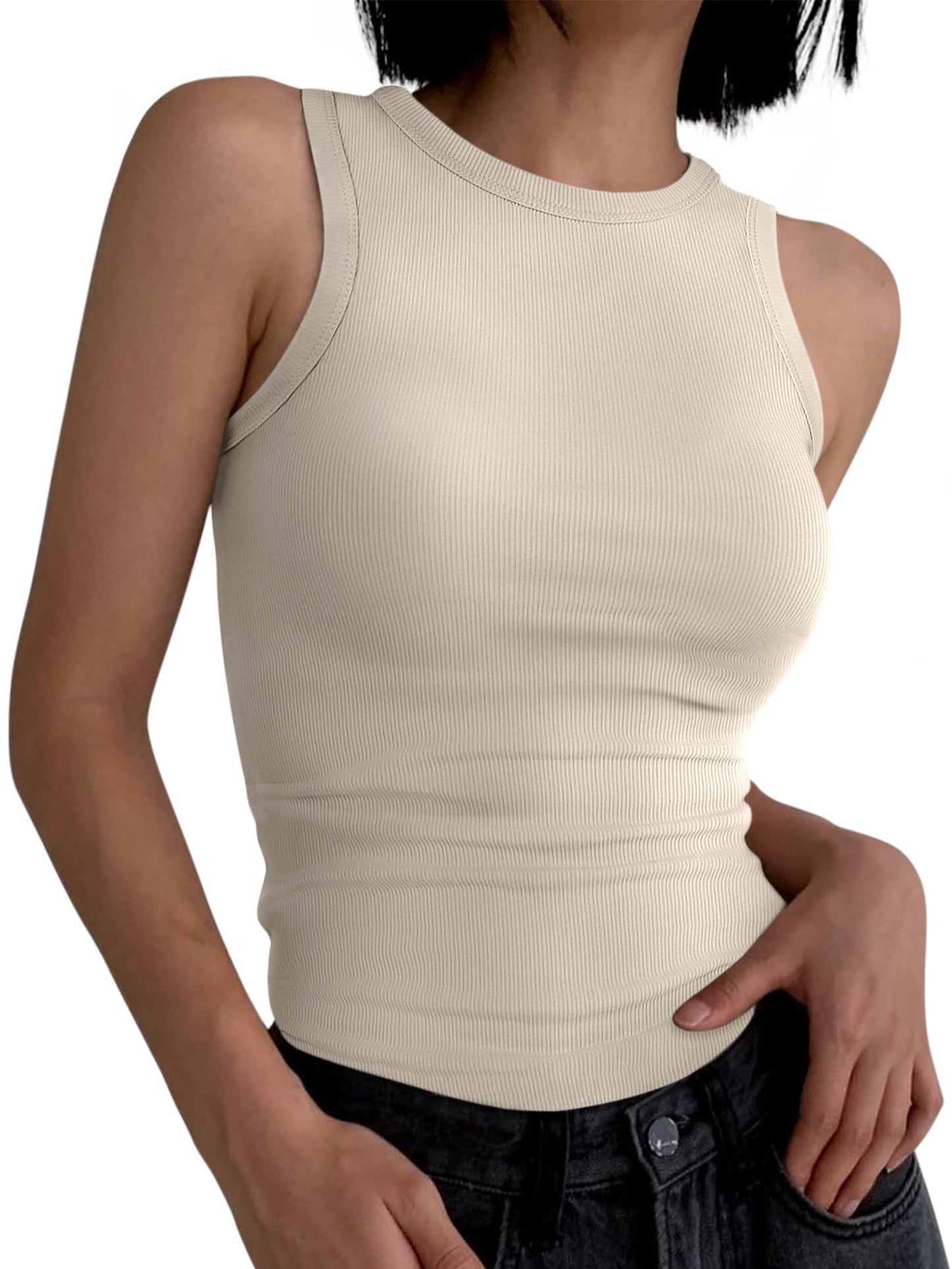 ANRABESS Womens Sleeveless High Neck Tank Tops Fashion Summer Casual Basic Slim Fit Ribbed Racerback Top Shirt Clothes Beige Small
