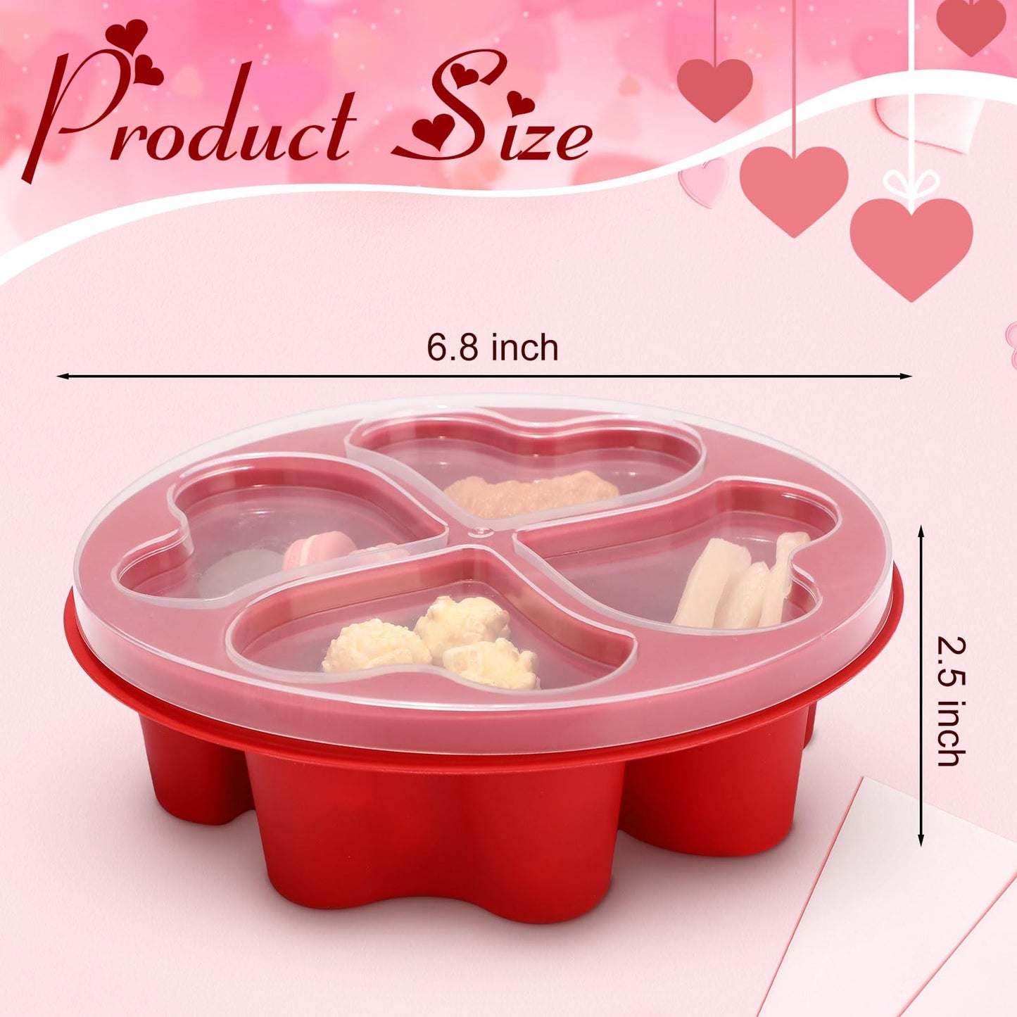 FoldTier 6 Pcs 6.8 Inch Valentine's Day Mini Snack Box Divided Dessert Serving Tray Heart Red 4-compartment Snack Container Box with Lids for Christmas Mother's Day Lunch Meal