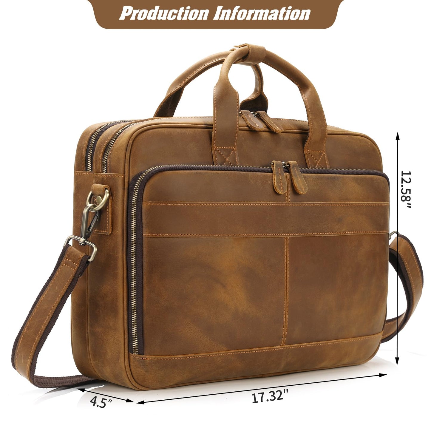 Jack&Chris Full Grain Leather Briefcase for Men,Business Messenger Bag Fits 15.6" Laptop, Vintage Business Messenger Bag with Adjustable Strap, Durable Briefcase with Travel Luggage Strap