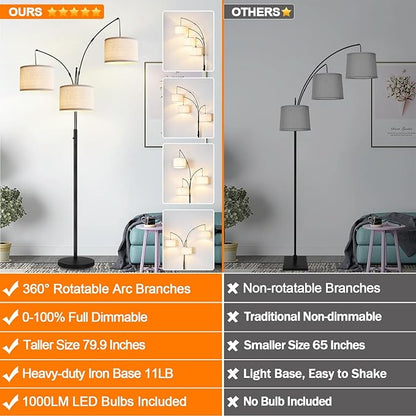 Dimmable Floor Lamp - 3 Lights Arc Floor Lamps for Living Room, 1000LM Modern Tall Standing Lamp with White Shades & Heavy Base, Mid Century Tree Floor Lamp for Bedroom Office, 3 LED Bulbs Included