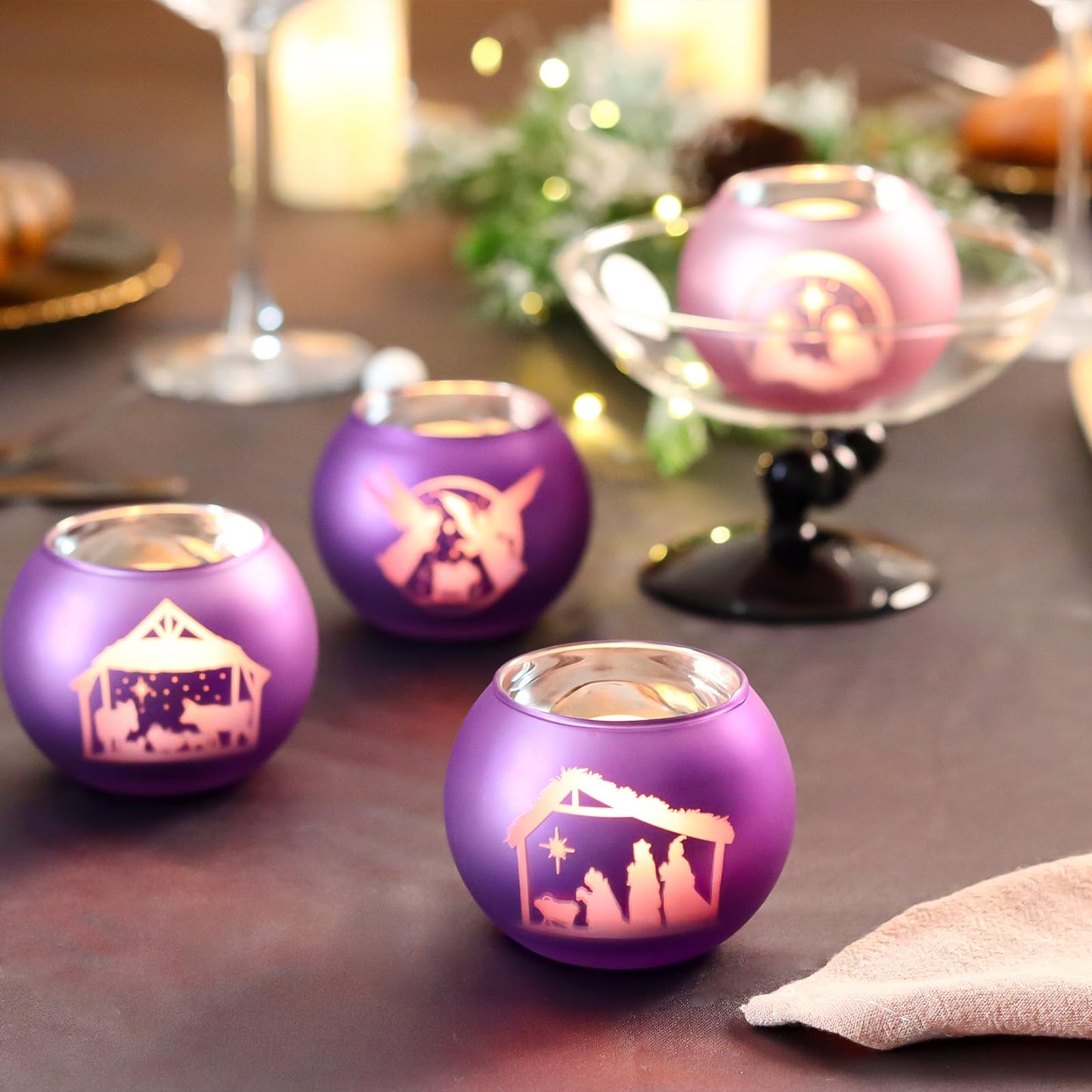 SYFURNIX Advent Candle Holders Set of 4, Glass Tealight Votive Candle Hodlers Tabletop Nativity Christmas Table Decorations Mantel Decor