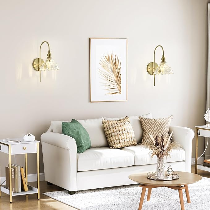 Vintage Wall Sconces with Clear Flower Glass Lampshade, Indoor Bath-Room Wall Sconce, Modern Gold Industrial Lighting Fixture for Mirror Living Room Hallway 2 Pack