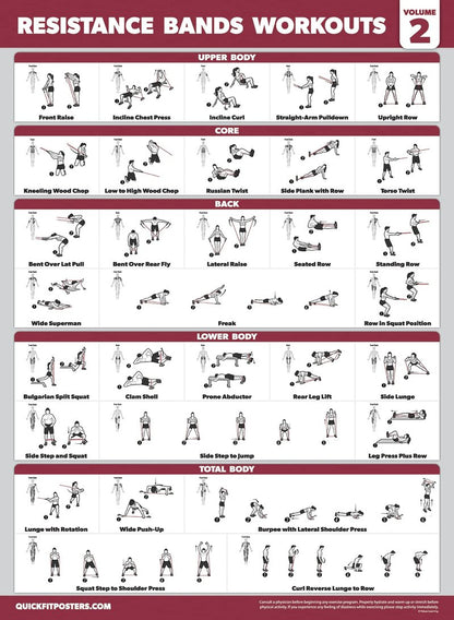 Palace Learning 4 Pack - Resistance Bands Workout Posters Volume 1, 2 & 3 + Bodyweight Exercise Chart (LAMINATED, 18" x 24")