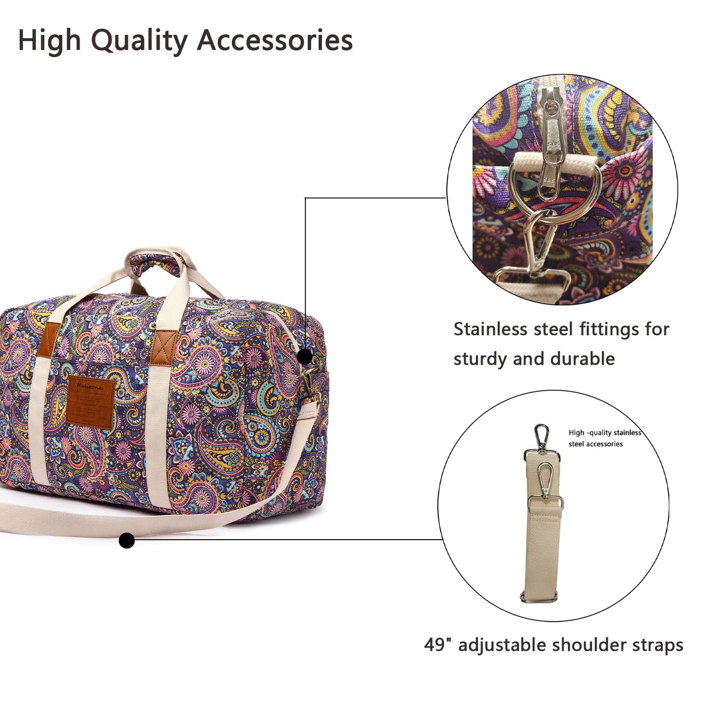 Malirona 22"Canvas Weekender Overnight Bags Travel Duffel Bag Carry On Bag for Women and Girls (Purple Flower)
