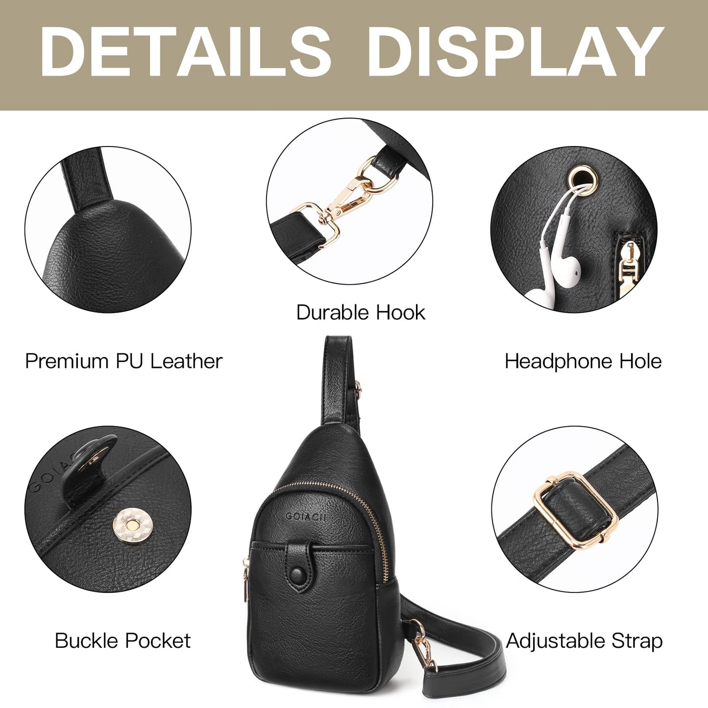 GOIACII Sling Bag for Women Men Leather Fanny Pack Chest Bags for Travel Sport Small Purse Crossbody Black