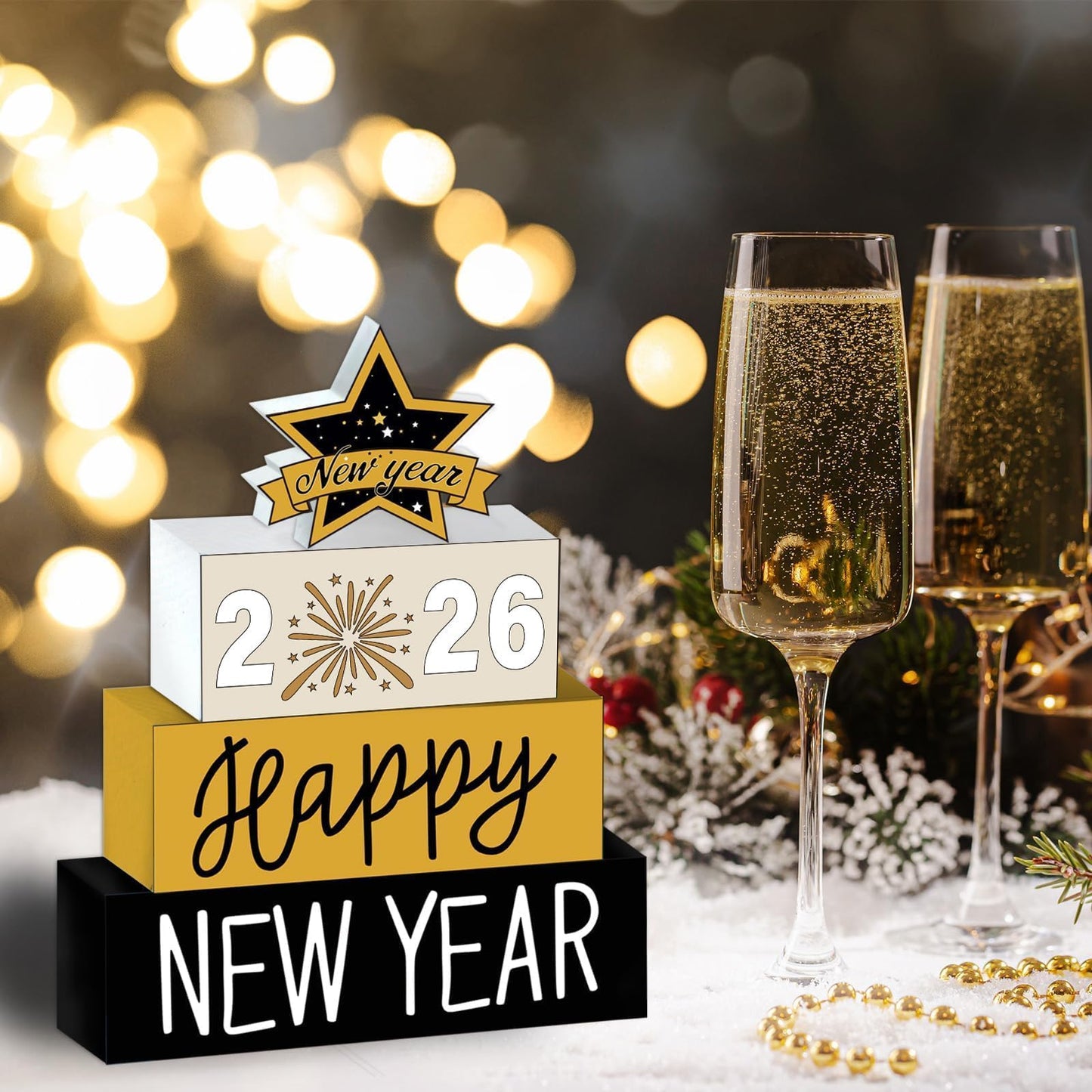 4 Pcs Wooden Happy New Year Tabletop Decor 2026 Wooden Block Signs Star Tabletop Decor Tiered Tray Rustic Table Centerpieces