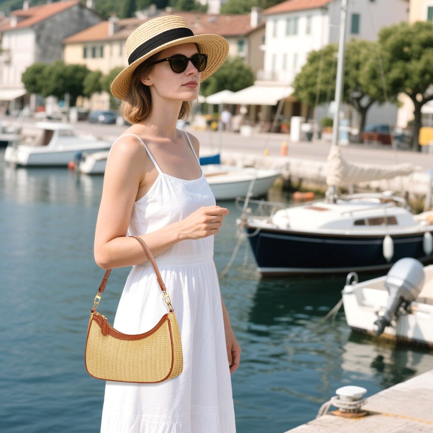 KKXIU Summer Straw Beach Woven Shoulder Bag Vacation Clutch Purses for Women Hobo Tote Handbags ((Brown+khaki)