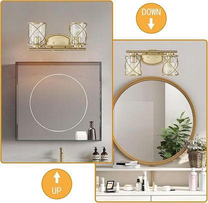 Mavcadonf Modern Vanity Lights with Cage Shade, 2 Lights Over Mirror, Brushed Gold Vanity Light for Bathroom, Kitchen, Bedroom