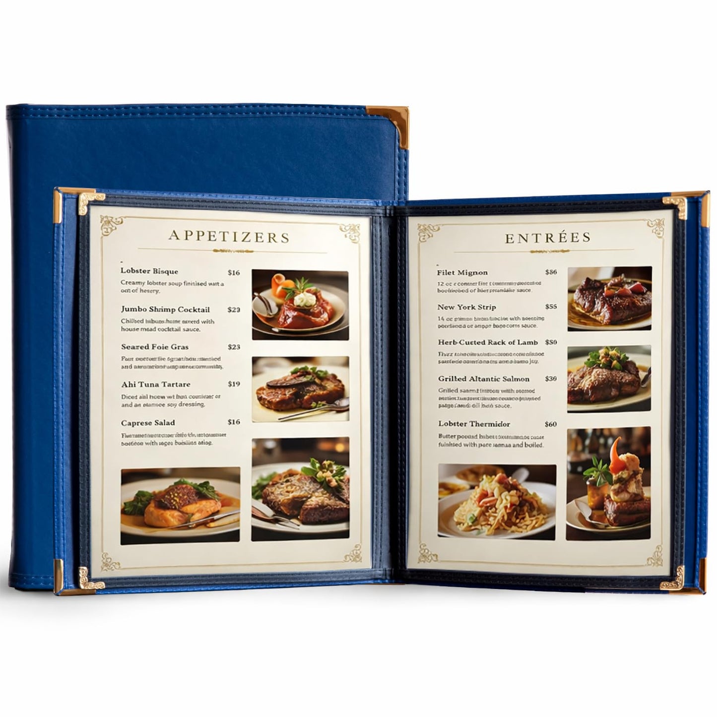 2-Pack Menu Covers 8.5x11 Inch, Navy Blue Leather Menu Holder for Restaurant Hotel, 2 Pages 4 Views Menu Book for Wine List, Dinner, Banquet & Catering