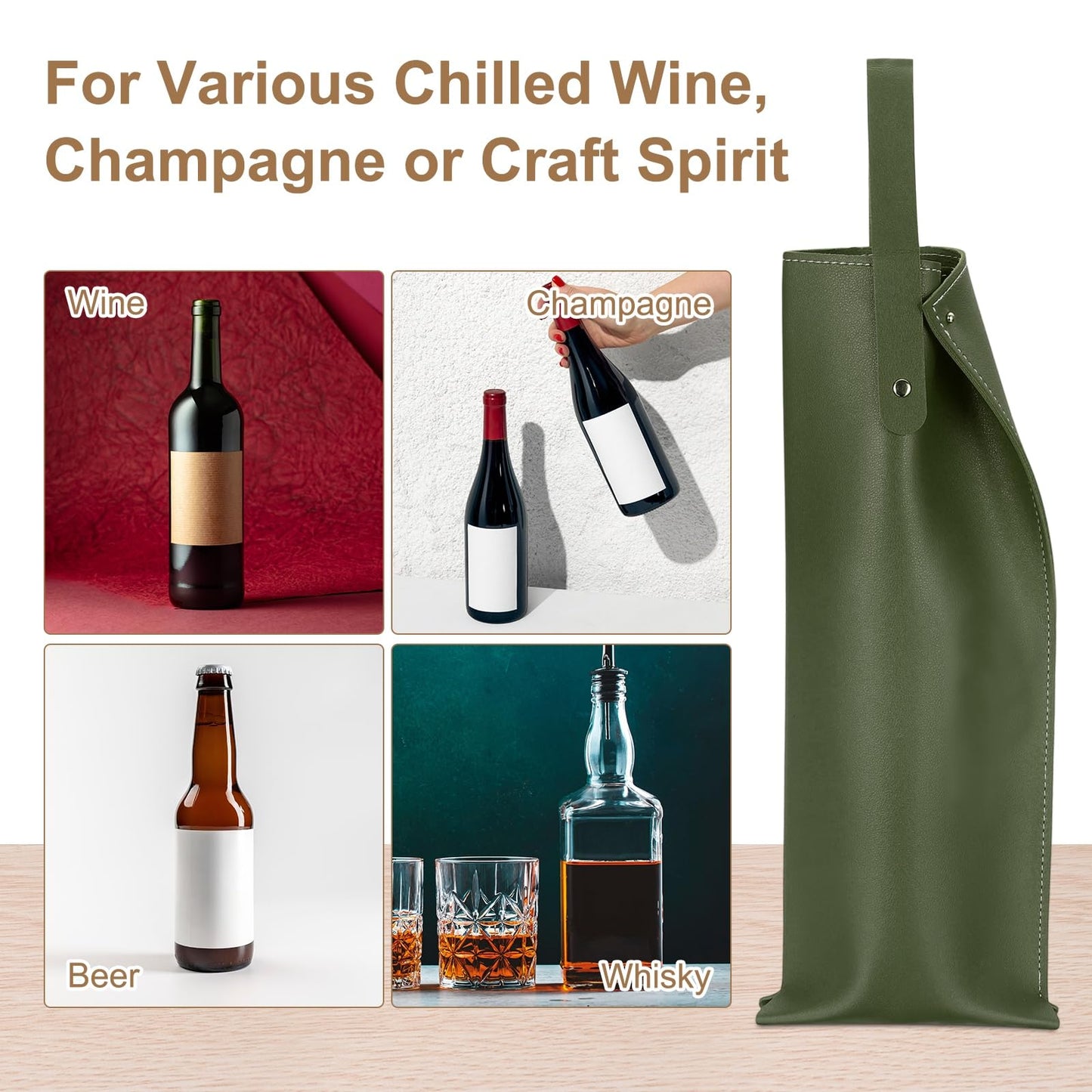PATIKIL Leather Wine Tote Bag, Reusable Wine Gift Bag Double Layered Bottle Champagne Liquors Single Carrier for Birthday, Wedding, Picnic Party, Christmas Gifts (Green)