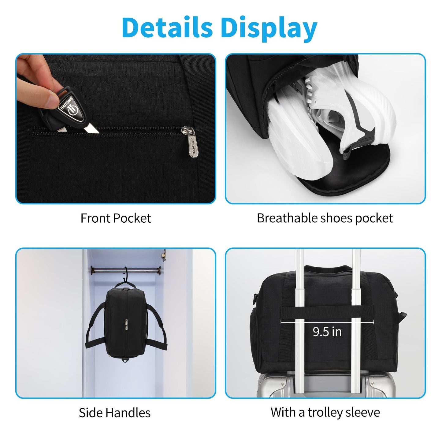 Apenze Small Gym Bag 14 inch lightweight Carry On Mini Duffel Bag with Shoe Compartment for Travel Sport - Black