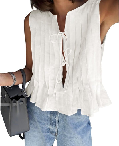 Cicy Bell Womens Bow Front Tie Tank Tops Pleated Babydoll Top Sleeveless Cute Coquette Shirt Summer Outfits White