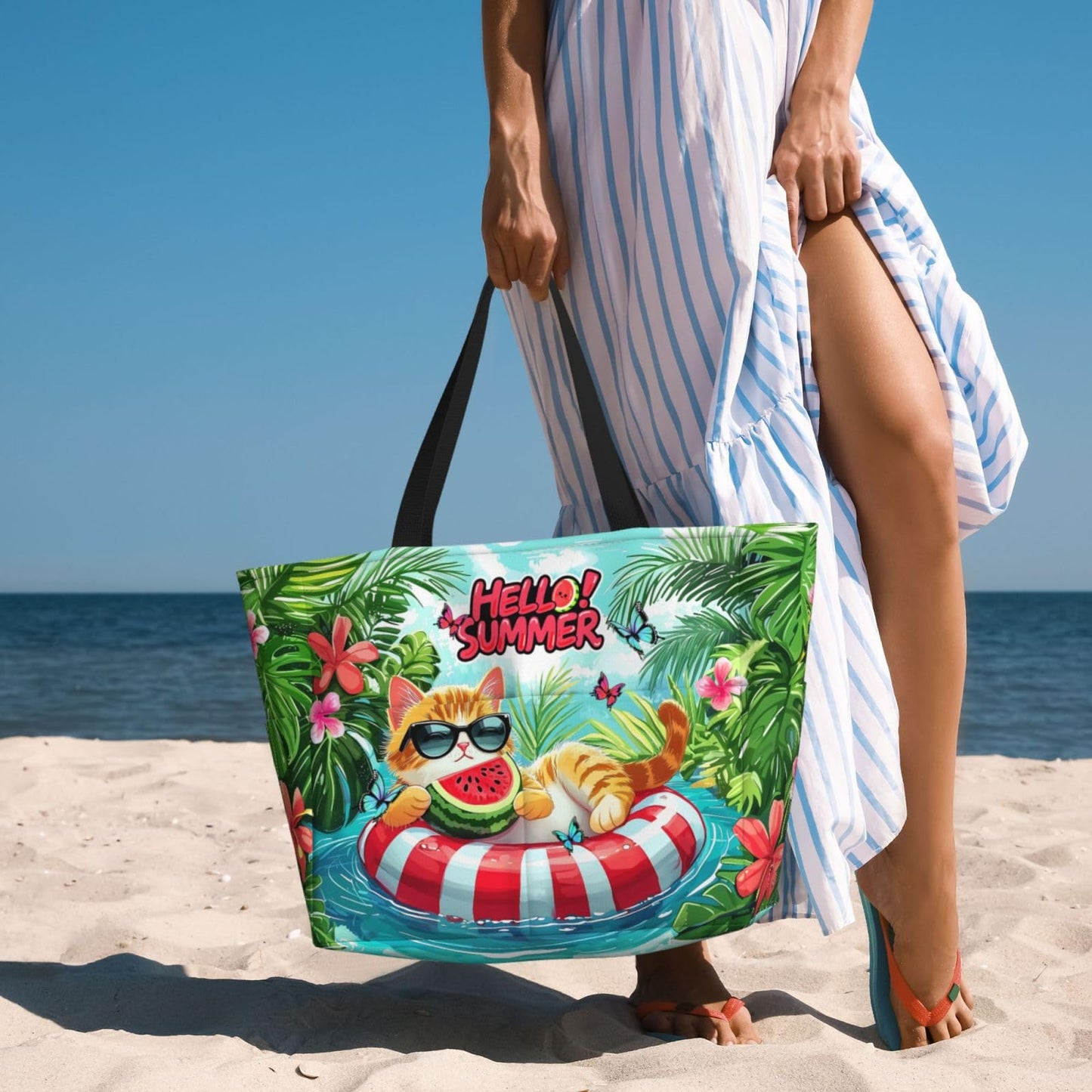 Sylaxfop Extra Large Beach Bag, Waterproof Sandproof Beach Totes Bags With Zipper, Cute Cat Lightweight Foldable Weekender Pool Bags For Women Pool Travel Vacation Gym