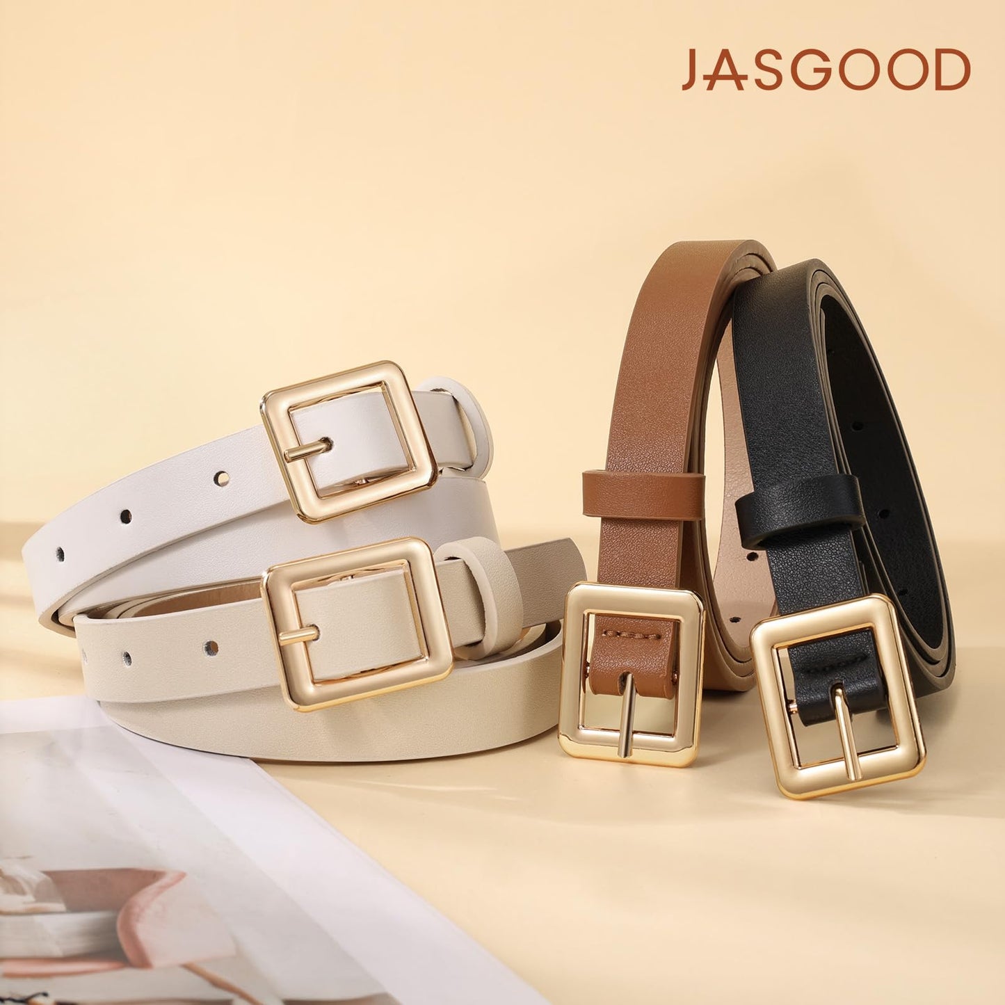 JASGOOD 4 Pack Women Skinny Belts for Jeans Ladies Thin Waist Belt for Dress Gold Buckle 0.7inch Width