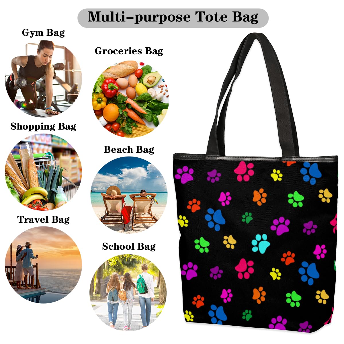 KOBLEN Dog Paw Print Canvas Tote Bag Reusable Grocery Shopping Bags for Women Beach Travel Storage Handbag with Zipper Portable Shoulder Bag