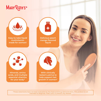 MaryRuth's Liquid Multivitamin + Hair Growth | Biotin 10000mcg | Lustriva Hair Growth Supplement | Clinically Tested in Women for Thicker Hair & Facial Wrinkles | Skin Care | Ages 18+ | 15.22 Fl Oz
