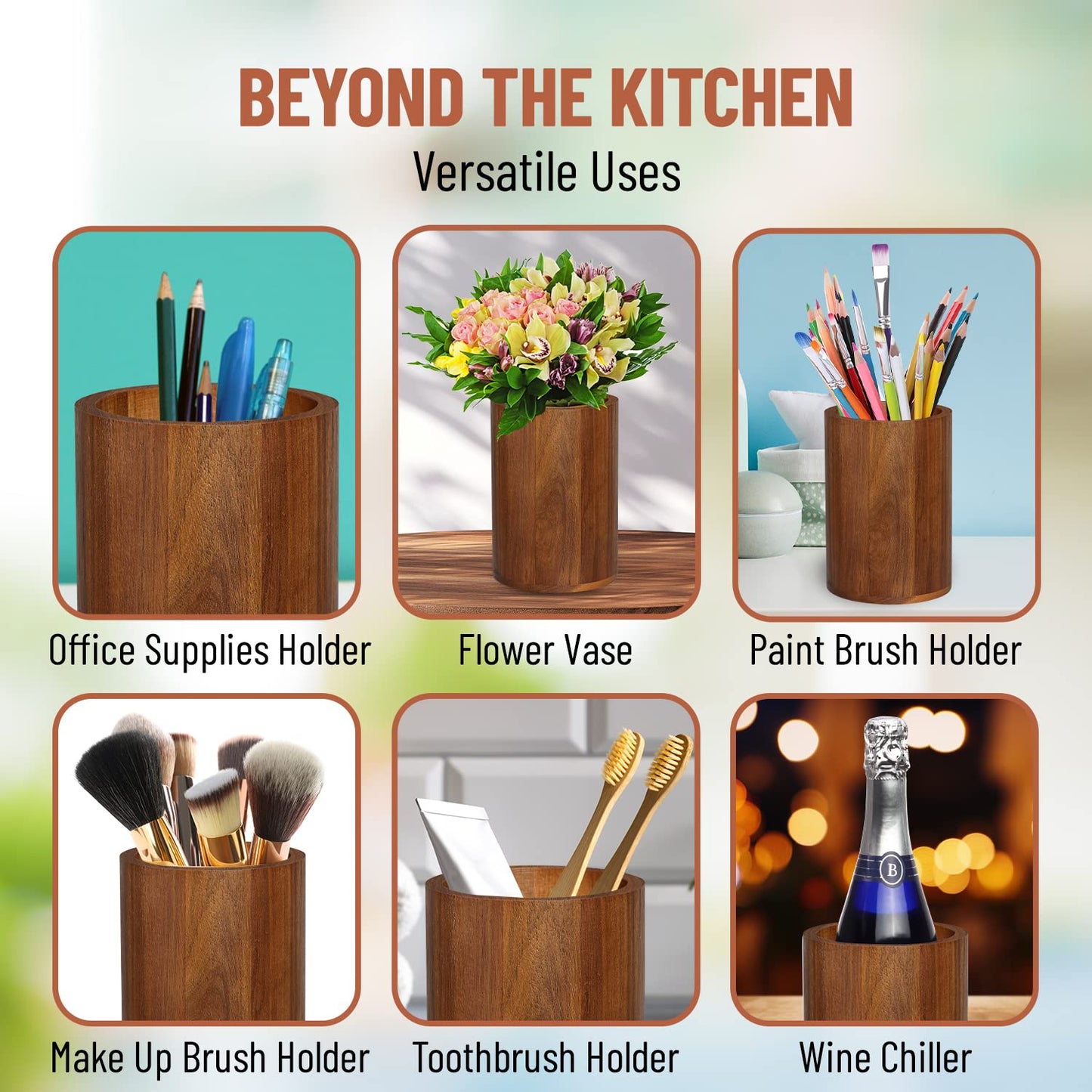 Homeries Acacia wood Utensil Holder for Kitchen Counter Decor, Cooking Utensil Holder Organizer - Kitchen Utensil Storage Organizer for Countertops, Pantry, Bathroom, Office & Center Table