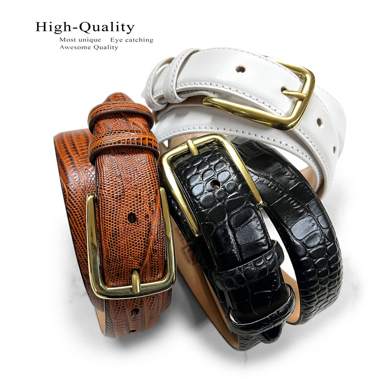 Andrew Men's Dress Belt Solid Brass Buckle (Gold) Italian Calfskin Genuine Leather Dress Belt 1-1/8"(30mm) Wide (Alligator Black, 36)
