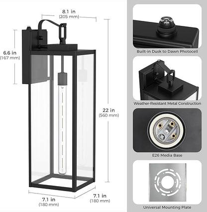 L LOHAS LED 2 Pack 22 Inch Large Size Dusk to Dawn Outdoor Light Fixture, Matte Black Waterproof Anti-Rust Porch Lights Ourdoor, Exterior Lighting Fixtures for Porch, Doorway, Garage, ETL Listed