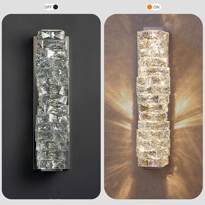 LED Crystal Wall Sconce Silver Crystal Bathroom Vanity Light Fixtures with 3 Color Temperature, Indoor Dimmable Wall Mount Light for Bedroom Living Room,Set of 2
