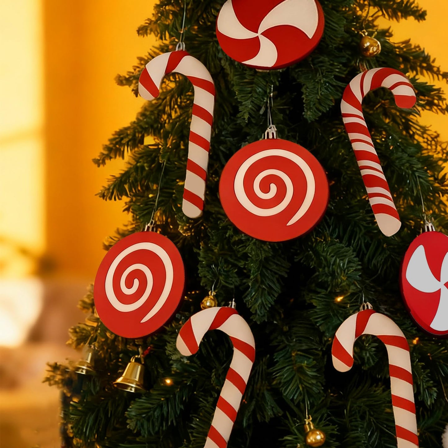 10ct Red and White Christmas Tree Ornaments, Shatterproof Plastic Candy Cane & Lollipop Xmas Decorations for Family, Kids, Candyland Themed Party Supplies