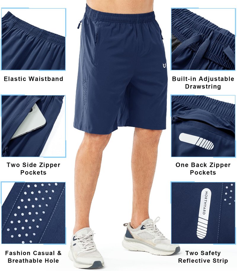 NORTHYARD Men's Athletic Running Shorts Gym Workout 7"/9"/5" Quick Dry Lightweight Sports Basketball Tennis 3 Zipper Pockets DARKBLUE-9inch S