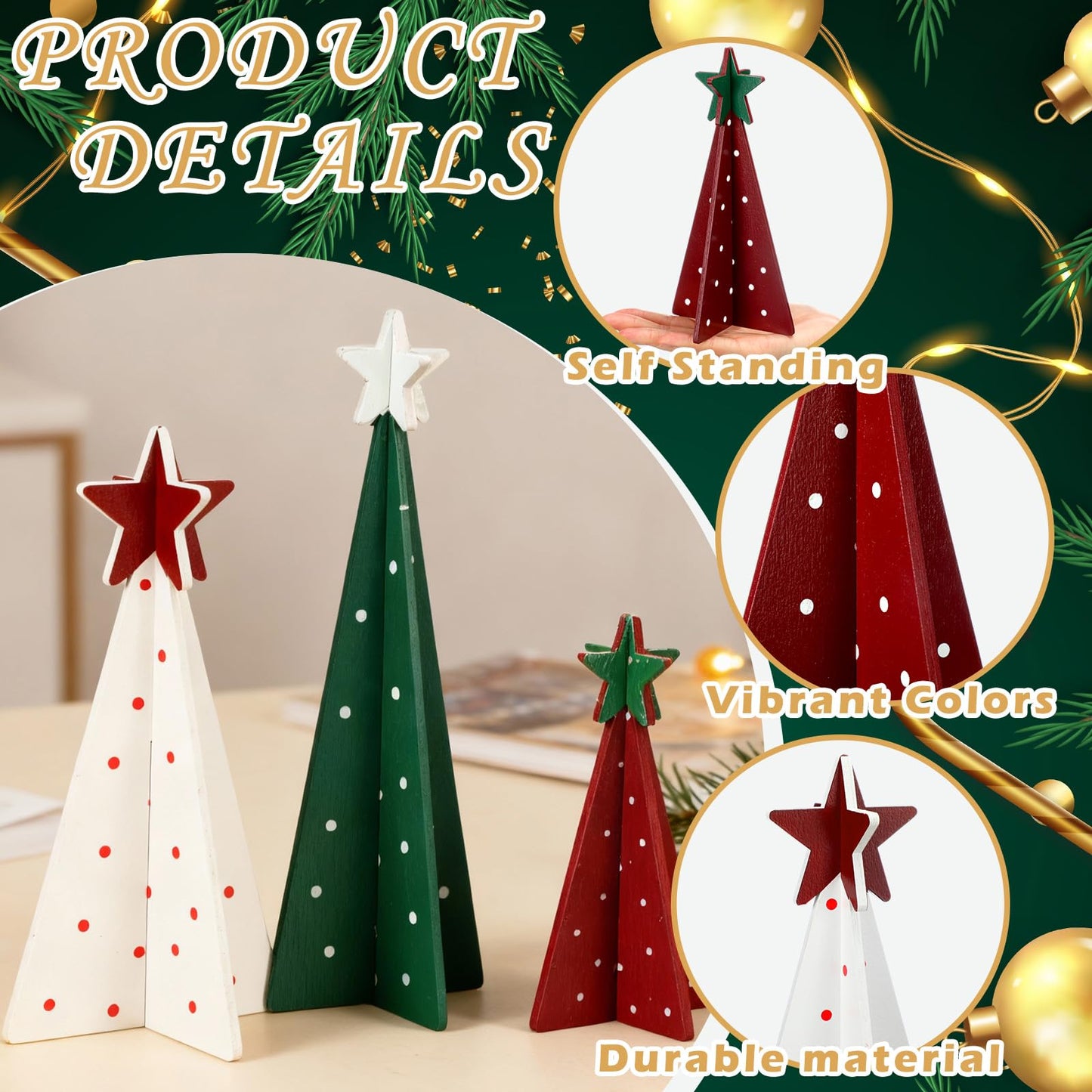 Maitys 12 Pcs Christmas Decoration 4 Sizes Wooden Tree Sign with Tabletop Star Decor Rustic Merry Christmas 3D Freestanding Engraved Trees for Home Table Centerpiece Shelf Mantel Fireplace Party Decor