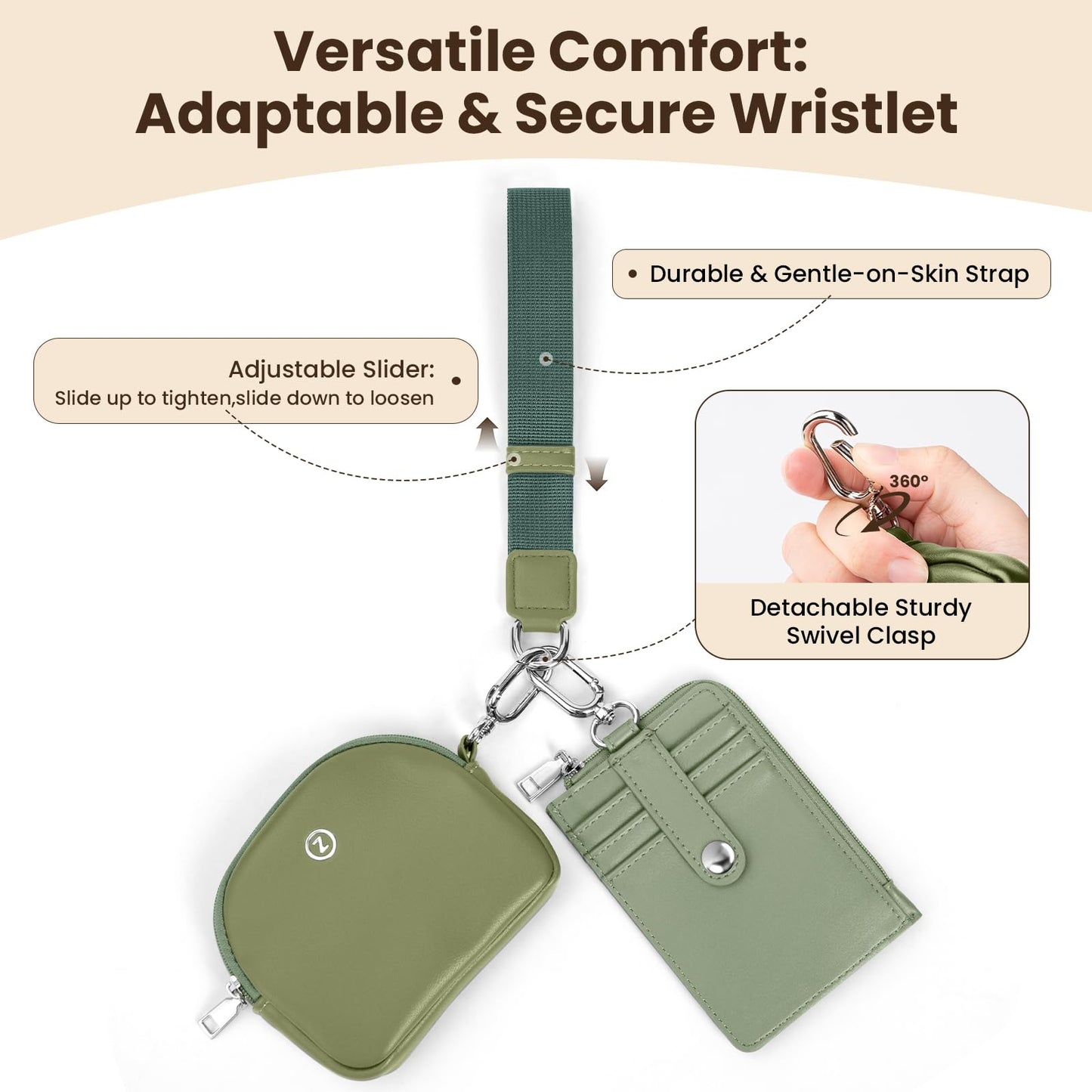 Keychain Wallet Wristlet Wallets for Women, RFID Blocking PU Leather Dual Pouch Wristlet with Card Holder, Slim Detachable Coin Purse for Quick Errands, Gym & Travel, 3-in-1 Zip Wallet Set,Green