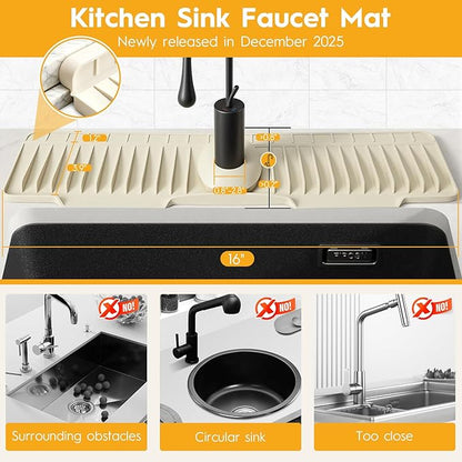 16" Silicone Faucet Mat for Kitchen Sink Released in 2025/12TH, 8° Slope Fast