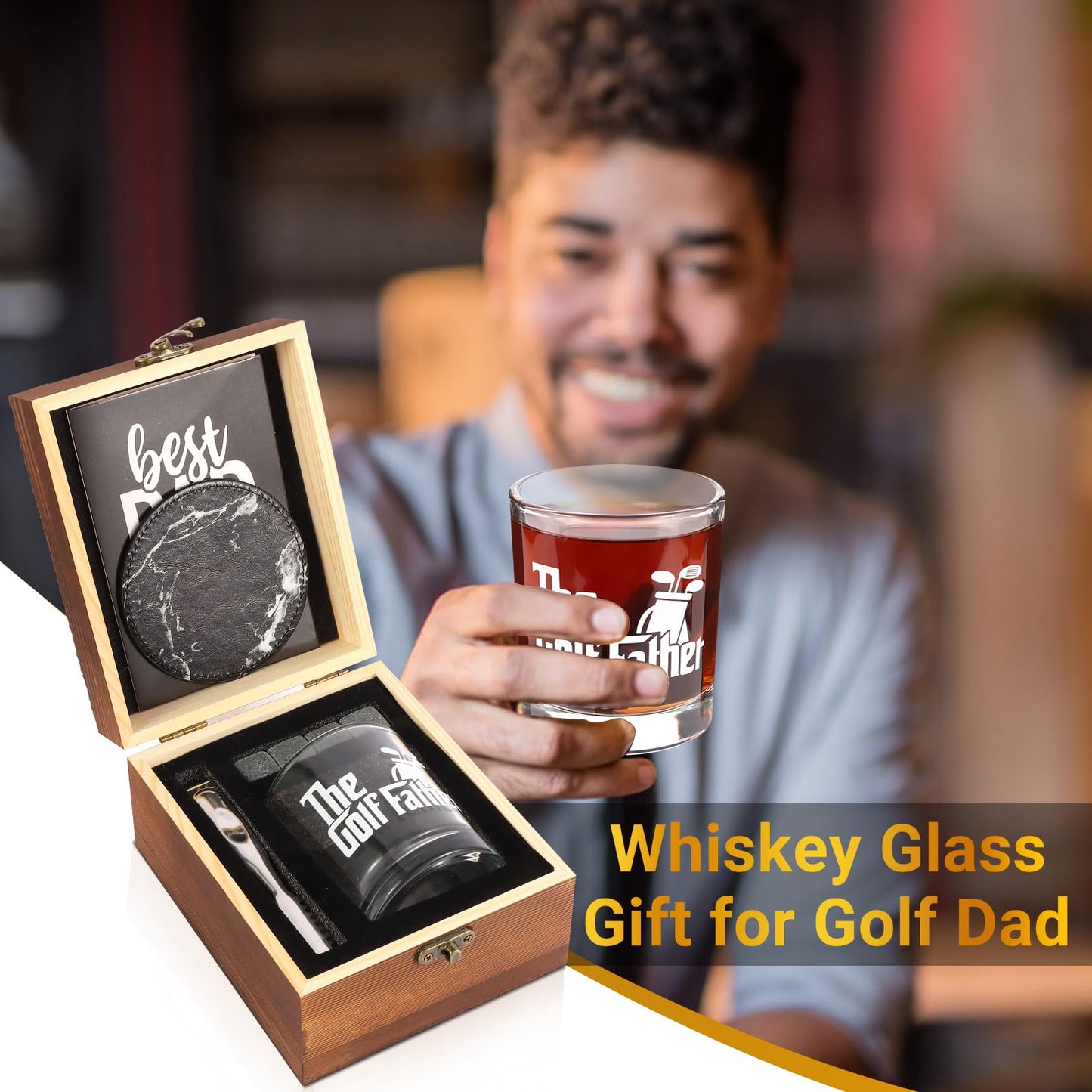 Bayelove Whiskey Glass Gifts for Golf Dad, Best Gift for Men, Gift with 12oz Whiskey Glasses, Stones, Coaster, Wooden Box for Golf-Dad
